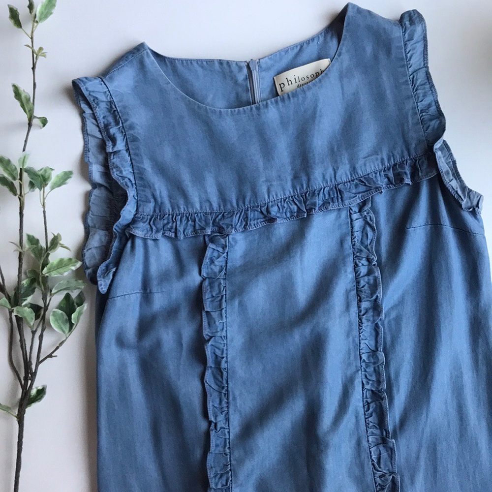 Chambray Denim Ruffle Trim Shift Dress